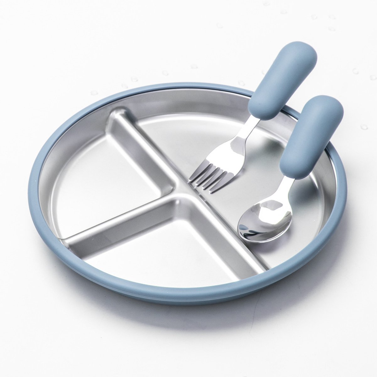 Image of 3-Delige Babyvoedingsbakje - RVS Siliconen Kindervoedingsset - Babyvoedingsbakje met zuignap - Verdeeld peutervoedingsbakje - Siliconen zuignapbasis - Eenvoudig schoon te maken ontwerp - Geschikt voor baby's en peuters - Blauw