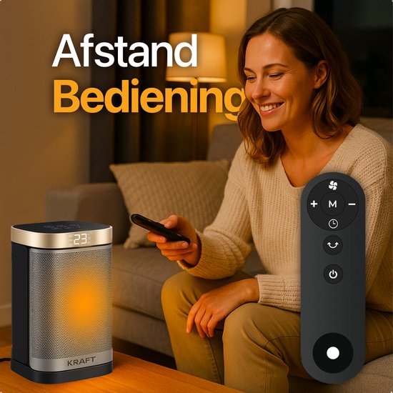 KRAFT Elektrische Kachel - Keramische Ventilatorkachel - Heater - Verwarming Electrisch - 1500W - 70° Draaifunctie