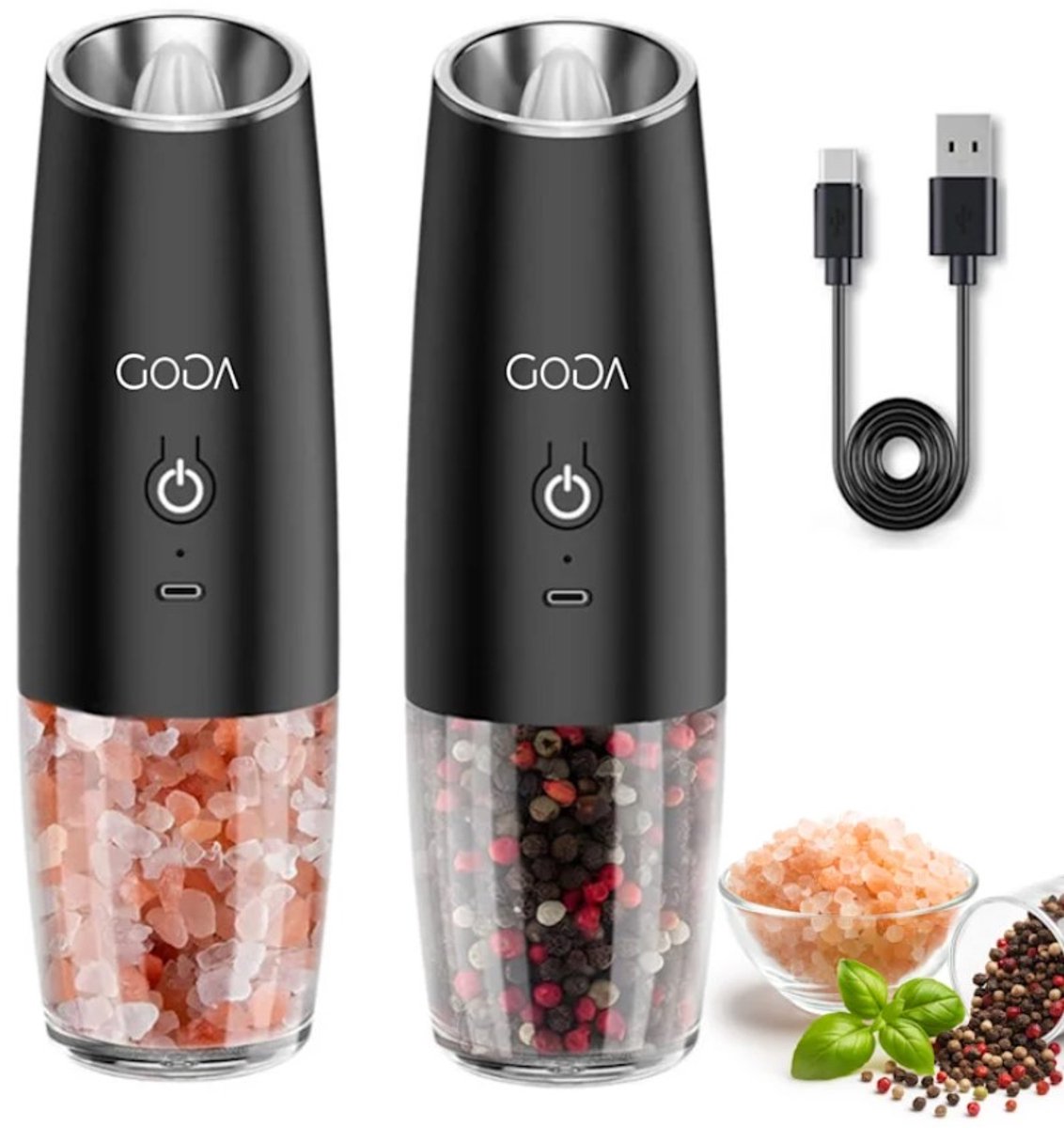 Goga - Peper en Zoutstellen - USB - Oplaadbaar- Elektrisch - Verstelbaar- Zwaartekracht functie -Pepermolen- Zoutmolen- Kruidenmolen - Keukengerei- LED - RVS - Automatisch- Set van 2-Incl. accessoires
