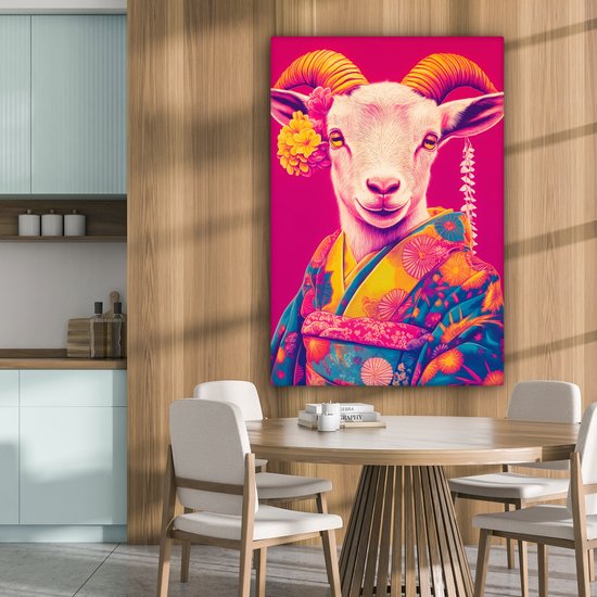 Tableau sur toile 80x120 cm - Décoration murale exclusive Chèvre - Cornes - Kimono - Coloré - Décoration murale salon - Décoration chambre - Accessoires de décoration - Peintures sur toile