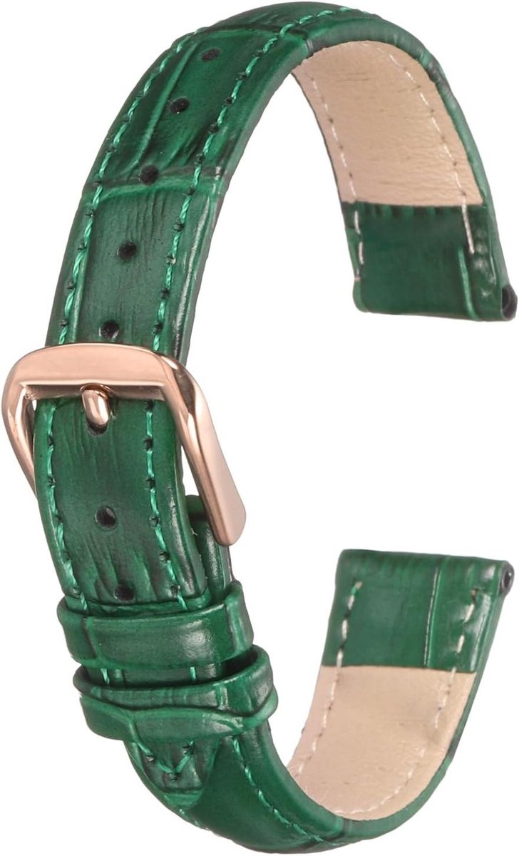 Allecto plus - Leren horlogeband 14 mm reliëf patroon rundleer - Groen Roségoud - Vervanging - Veerpennen - Unisex