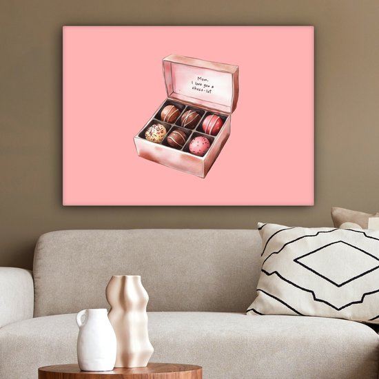 Canvas schilderij 80x60 cm - Exclusieve wanddecoratie Doosje - Bonbons - Liefdevolle - Tekst - Muurdecoratie woonkamer - Slaapkamer decoratie - Kamer accessoires - Schilderijen op canvas - Moederdag cadeautje - Cadeau voor mama