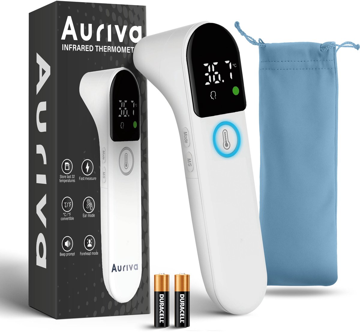 Auriva® Professionele Oorthermometer - Koortsthermometer - Oorthermometer voor Volwassenen en Kinderen - Incl. Batterijen + Tas - Wit