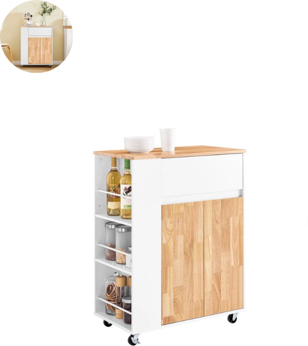 Keukeneiland - Verplaatsbaar - Keukenkast - Dressoir - Organizer - Kasten - Houten Werkblad - Wit