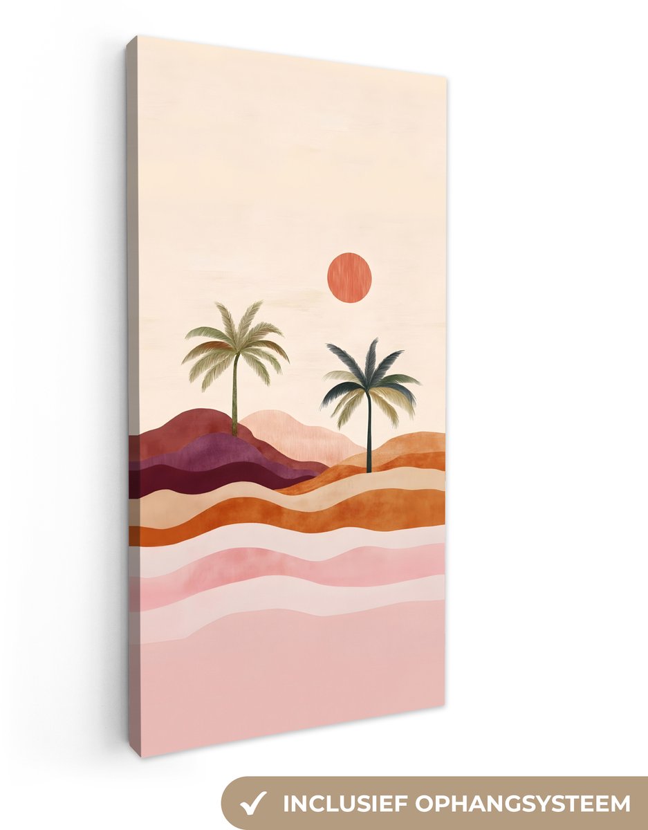 Canvas schilderij 80x160 cm - Exclusieve wanddecoratie Palmbomen - Abstract - Zon - Heuvels - Muurdecoratie woonkamer - Slaapkamer decoratie - Kamer accessoires - Schilderijen op canvas
