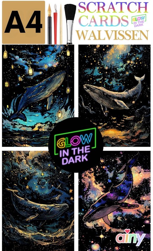 Ainy - Glow in the Dark Scratch Art Walvis (A4) | 4 krastekeningen incl kraspen | Kras tekeningen | Schilderen op kleuren kunst kraskaart | hobby & creatief voor volwassenen en kinderen ( meisjes ) | Knutselen - DIY ontspanningspakket