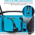 Achterkant van de radio met blauwe behuizing, USB- en AUX-poorten, en stekker.