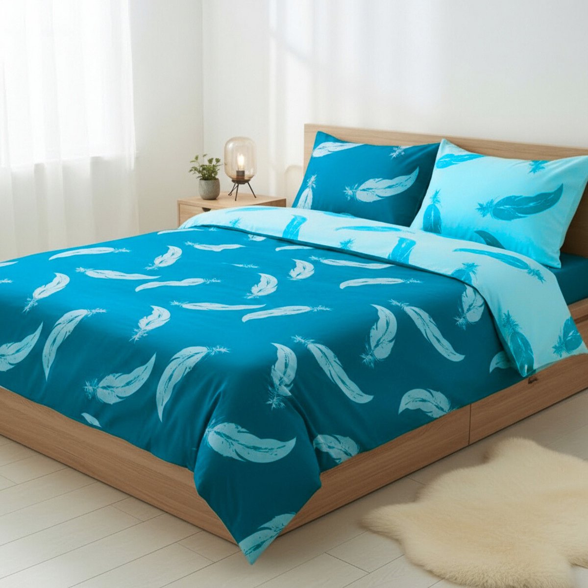 SENZATIONE 100% Katoen Percaline Dekbedovertrek 200x200/220-2x60x70 cm FEATHERS BLAUW