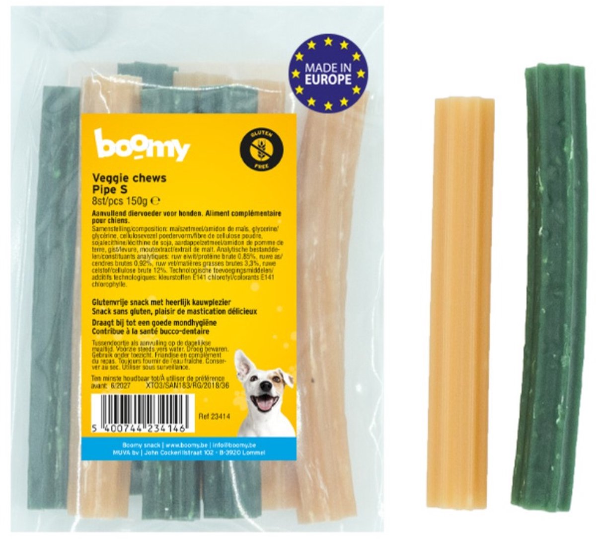 Boomy - Veggie Chews Pipes Small – Vegetarische kauwsticks hond – Tandverzorgende hondensnacks voor kleine en middelgrote honden – 8 stuks (150g)