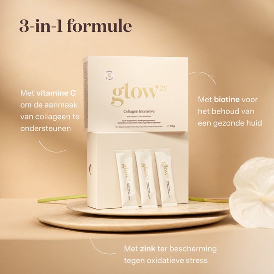 Glow25 Collageen Intensief verpakking met drie sticks, met informatie over vitamine C, biotine en zink.