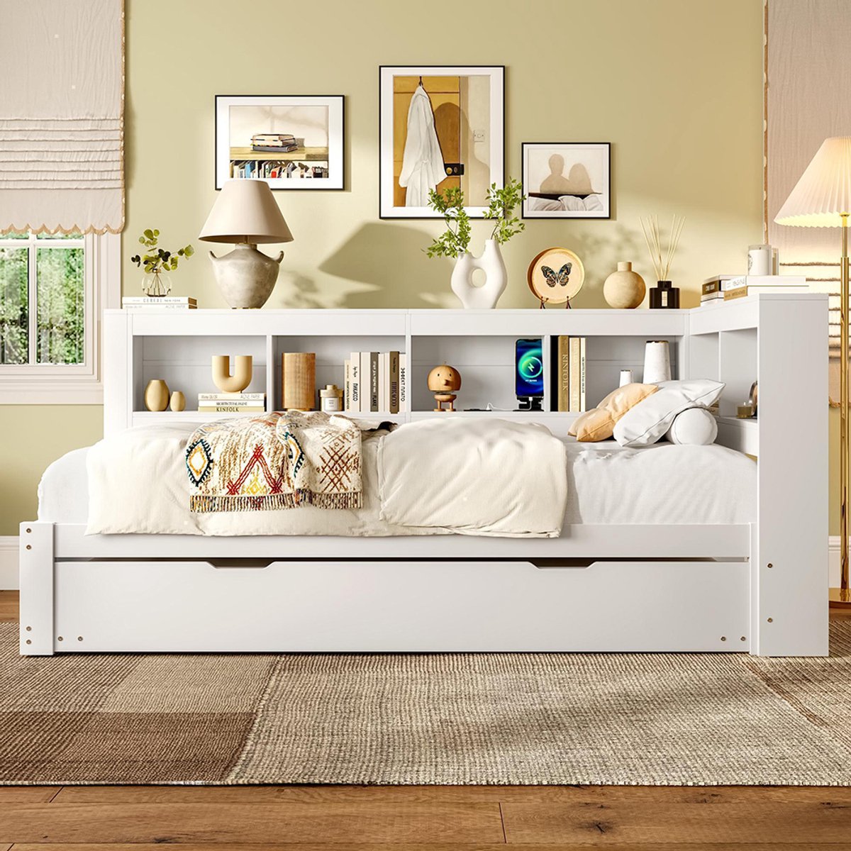 BLACKCOLORS Dagbed, 90 x 200 cm, slaapbank, dagbed met uitschuifbaar bed, met stopcontact en 2 USB-poorten, bed met lattenbodem (zonder matras), spaanplaat, wit