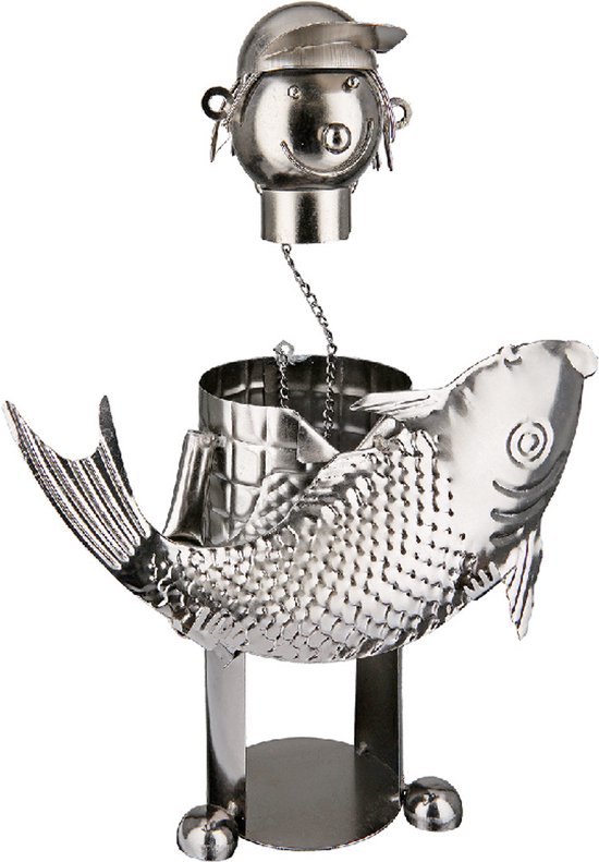 Moderne bierfleshouder flessenstandaard houthakker van metaal in zilver hoogte 24 cm