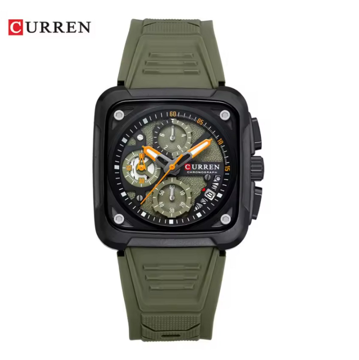 CURREN Horloge 8461 - Groen-Zwart - Heren - Quartz - Vierkante Kast - Siliconen Band - Chronograaf - Kalender - Waterbestendig Sporthorloge