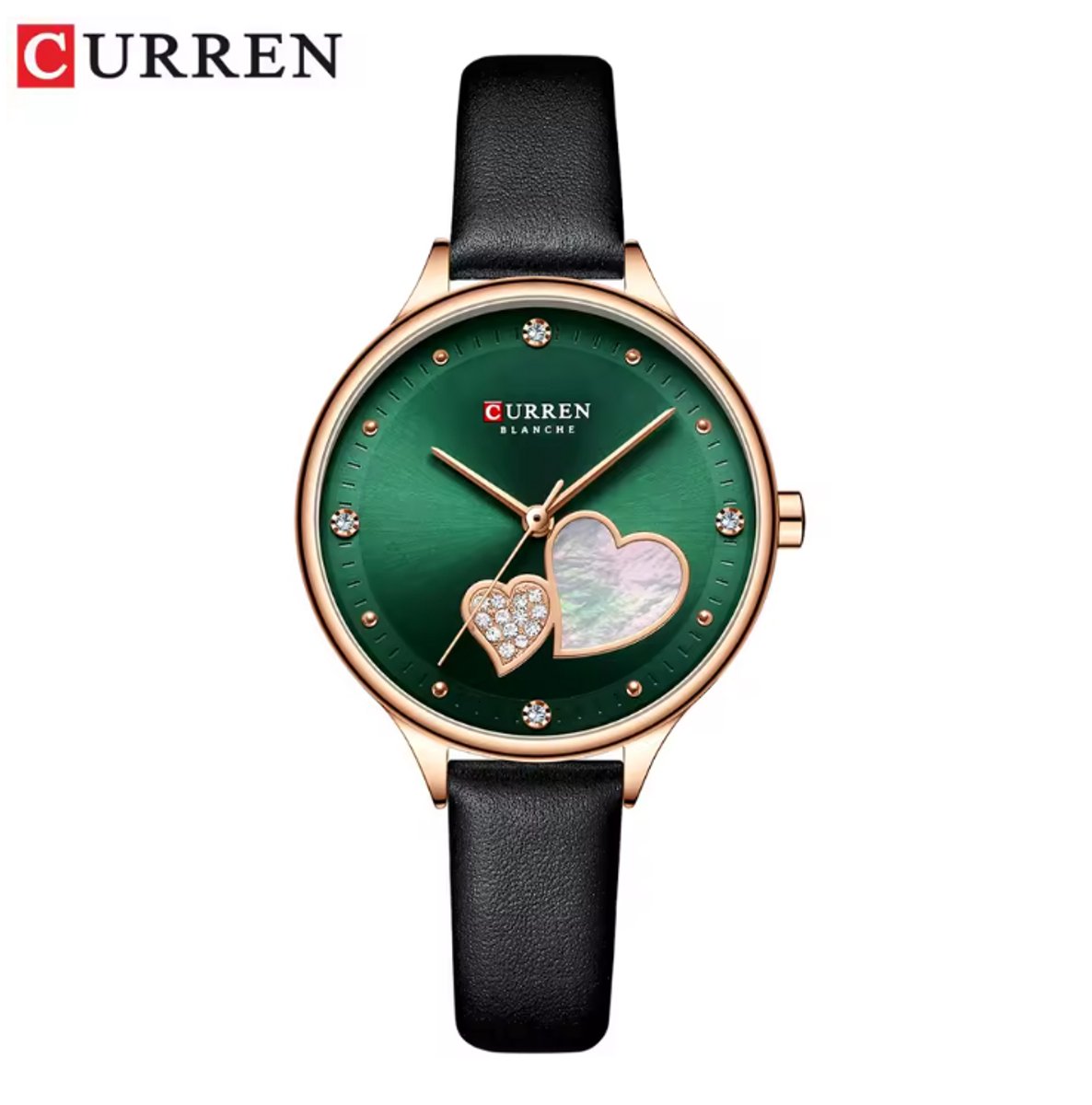 CURREN Horloge 9077 - Rosékleurig-Groen - Dames - Quartz - Diamant Wijzerplaat - Lederen Band - Elegant en Waterbestendig