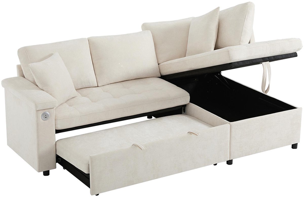 Canapé D’angle En L Convertible 3 Places – Avec Ports USB/Type-C, Espace Rangement, Tissu Chenille Beige