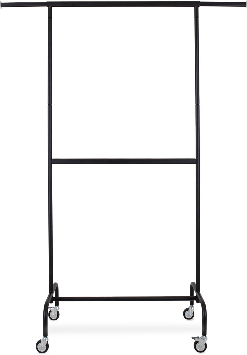 Kledingrek met vaste tussenbar, zwart poederlak, 100 cm breed, op wielen