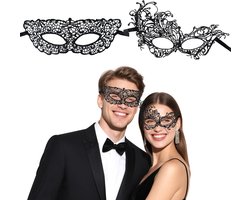 2-delige Venetiaanse maskerademaskerset, elegante zwarte kant paar maskers voor vrouwen en mannen, Halloween carnaval kostuum feestaccessoires