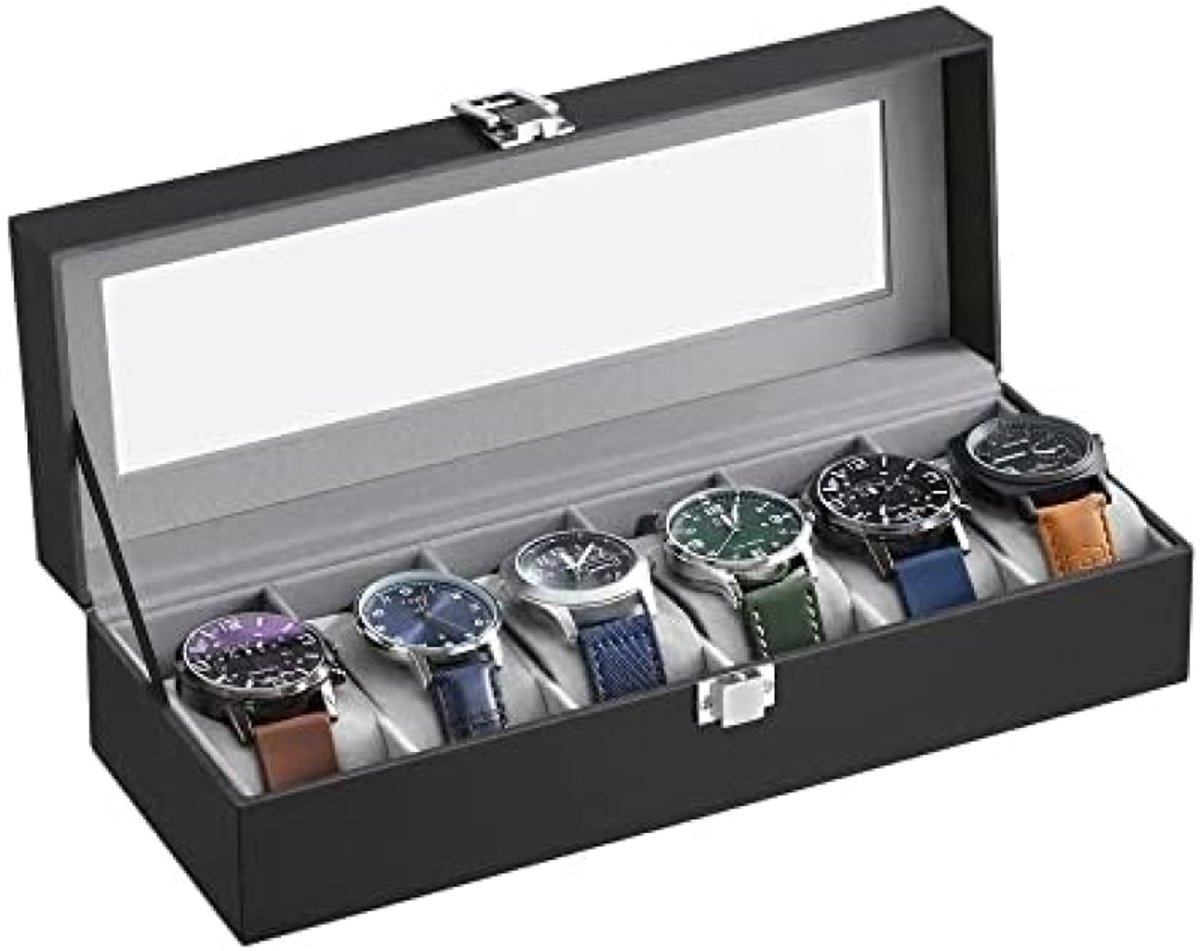 PromoHome Horlogebox met 6 Horlogekussens, Glazen Deksel, Fluwelen Binnenvoering en Slot - Zwarte Horlogekast voor Horlogeverzameling 30 x 11,2 x 8 cm