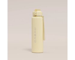 Cabau Bloom RVS Waterfles 870ml Butter Yellow | Geïsoleerde BPA-vrije & Lekvrije Thermosfles | Duurzame Herbruikbare Drinkfles met Schoonmaakborstel & Draagkoord | BPA vrij Sportfles Dames | Waterfles Volwassenen | Cadeau voor Haar