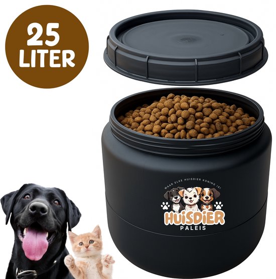 Conteneur alimentaire 25 litres Zwart - Chien - Chat - Alimentation - Conservation - Couvercle à visser - Robuste - Hermétique - Conteneur alimentaire pour animaux