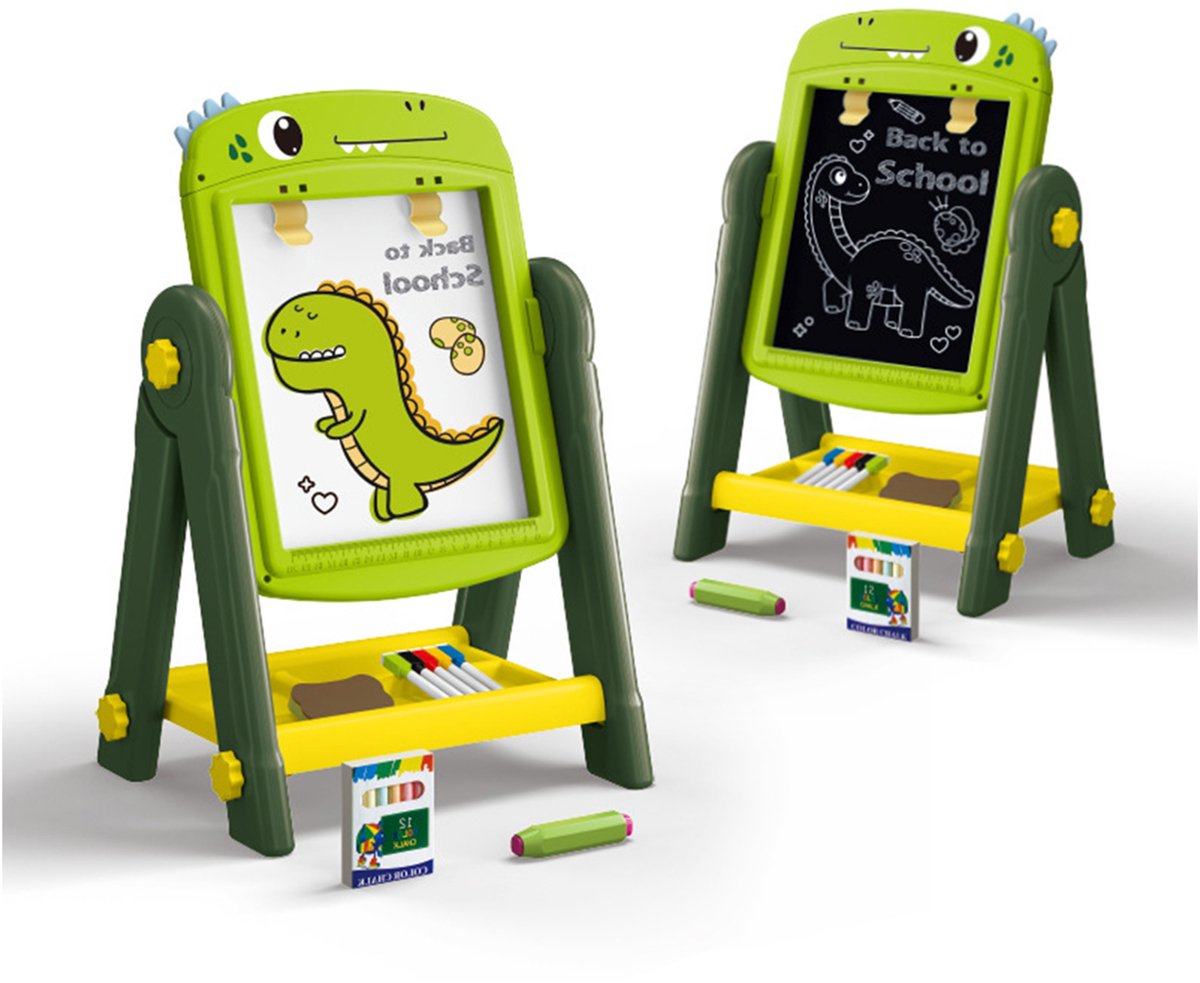 Kiddel Magnetisch Tekenbord Kinderen – Dinosaurus – 360° Draaibaar & Dubbelzijdig (Whiteboard/Krijtbord) – Kindvriendelijk Formaat 49×34×26 cm – Inclusief Accessoires