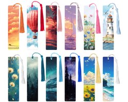 12Pcs Natural Landscape Paper Bookmarks Embellished Book Marker Vintage Book Mark With Tassels For Men Women Book Lovers Stationery Bookish Reading Supply
