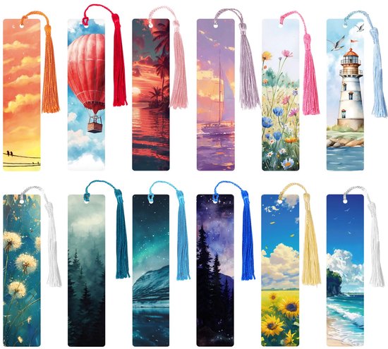 12Pcs Natural Landscape Paper Bookmarks Embellished Book Marker Vintage Book Mark With Tassels For Men Women Book Lovers Stationery Bookish Reading Supply