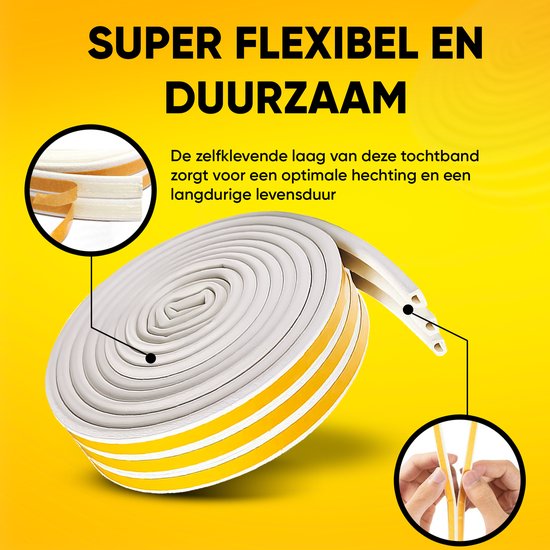 Rol witte tochtband met gele strepen, "SUPER FLEXIBEL EN DUURZAAM". Gedetailleerde foto van de zelfklevende laag en flexibele structuur.