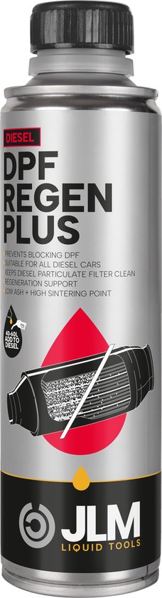 Fles JLM DPF Regen Plus met afbeelding van een schoon roetfilter.