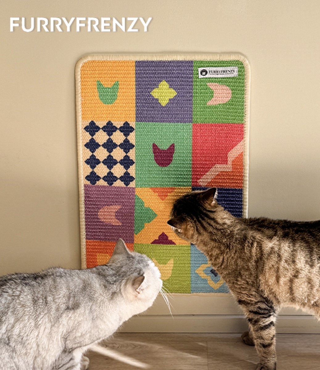 FurryFrenzy™ Cat Wall Art Scratcher Pad (Colourful Grids) - Space Saving / All Visual Colours for Cats / Durable Long Lasting Brazilian Sisal / No Nail Needed / KerstCadeau Christmas Gift / Planche Murale Chat / 60 x 40 cm