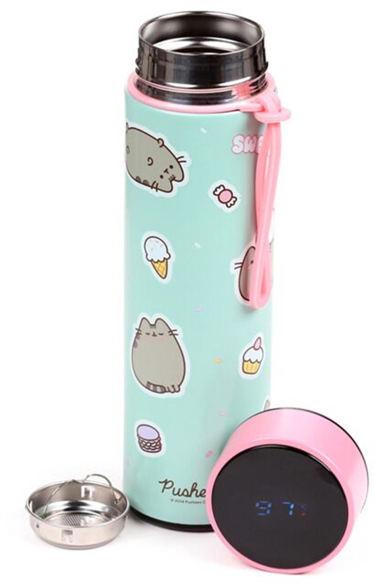 Pusheen Thermosfles 450ml – Roestvrij Staal – Digitale Thermometer – Theezeef – Kindvriendelijk & BPA-vrij – Voor Warme en Koude Dranken – Pusheen Kat Sweets Design