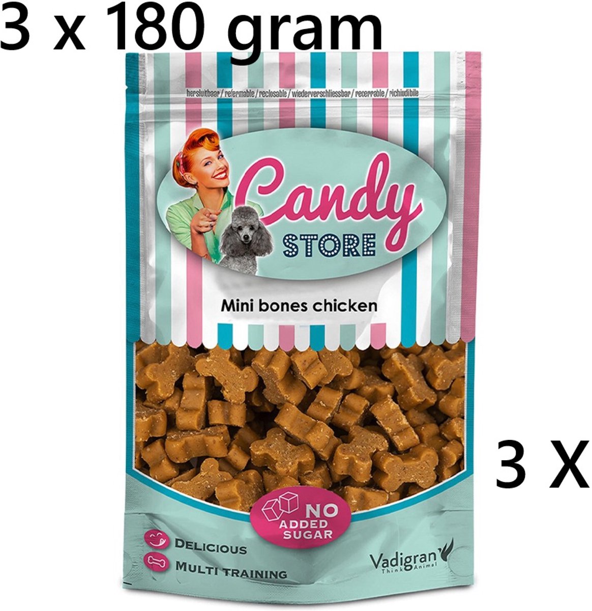 Vadigran candy store - hondensnacks - minibones kip - 180 gr *** 3X*** = 540 gr - geen suiker toegevoegd - multi training
