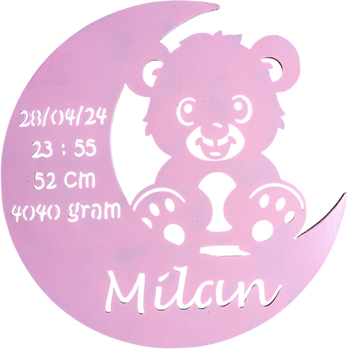 Gepersonaliseerd Houten Geboortebord met Maan en Beer – Uniek Kraamcadeau met Naam, Geboortedatum, Gewicht en Lengte - 38cm - Roze