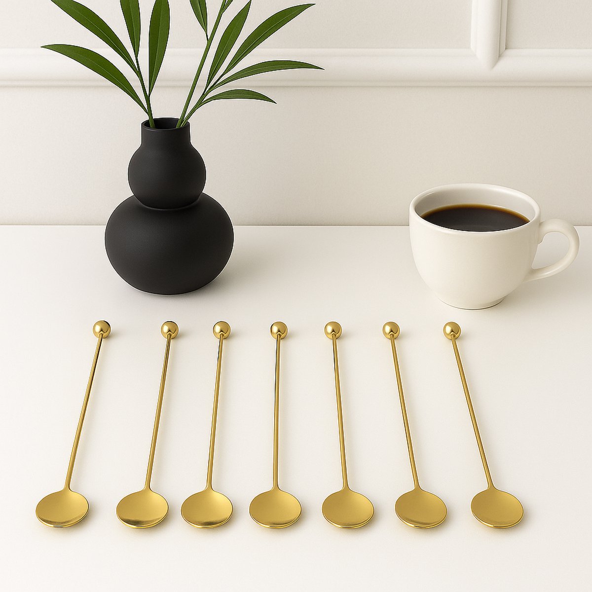 Mevaz Set van 6 Gouden Koffielepels – Longdrink Glazen Lepels – Roestvrijstaal – Luxe Theelepels – Modern Design