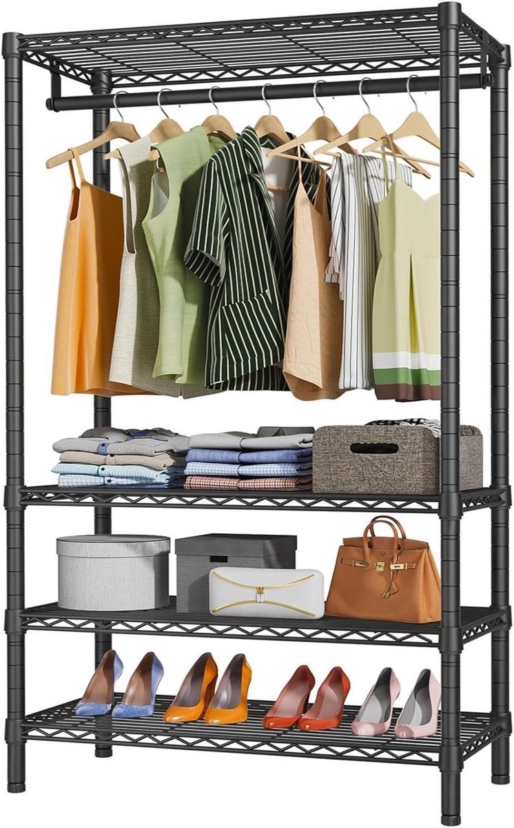 WNHB® Kledingrek met plank - Stabiele kledingstang - Zwart kledingrek 90x43x180 cm - Kledingrek voor slaapkamer hal en garderobe
