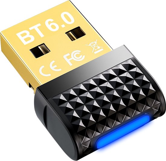Gouden Sounix BT 6.0 USB-adapter met zwart, gedessineerd uiteinde en een brandend blauw lampje.