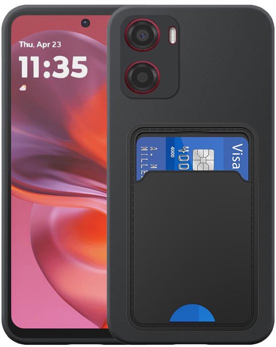 Zwarte telefoonhoes met kaartvak en een Visa-kaart, met rode accenten rond de cameralens.