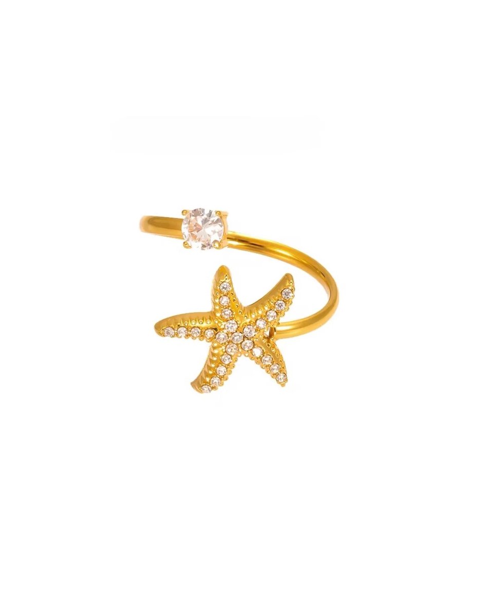 Cliste Couture Zirkoon Starfish Ring - - Goud Kleurig - Dames Ring - Vrouwen Cadeau - Dames Sieraden - Verstelbaar