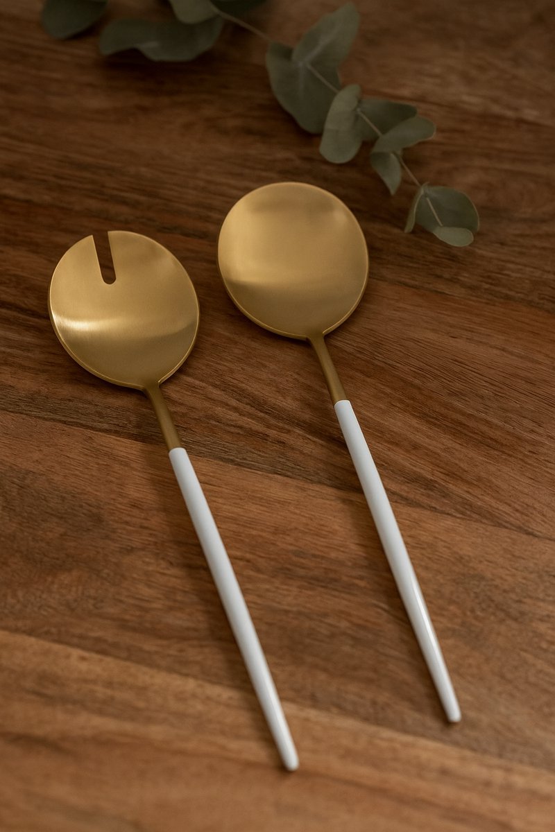 Saladebestek Set – 2-delig – Goud met Witte Handgreep