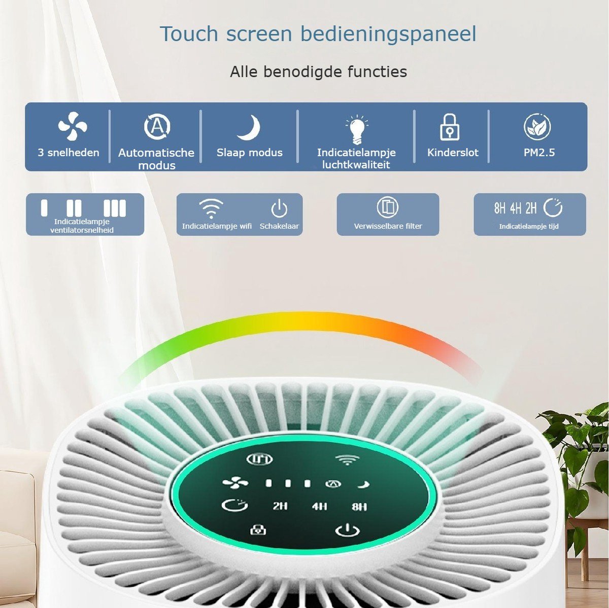 Luchtreiniger – air purifier – vervangbaar H13 HEPA filter en koolstof filter – 102m3/u – indicatie luchtkwaliteit – tegen stof, allergie, dierenharen, huisstofmijt en kooklucht – 3 snelheden, slaapstand en automatische stand – slimme luchtzuiveraar — afbeelding 4