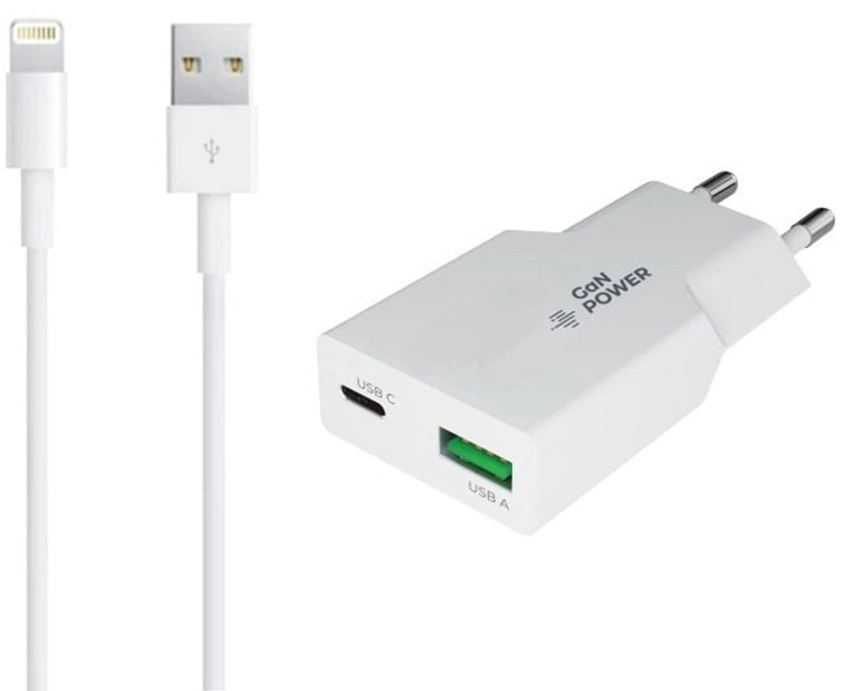 OneOne 25W Lader met USB A en C poort + 1,0m OneOne USB A naar Lightning kabel. USB C voor snelladen. PD PPS lader. GAN oplader adapter past op Apple iPhone XR, iPhone XS, iPhone XS Max, iPhone 10, iPhone 11, 11 Pro, 11Pro Max