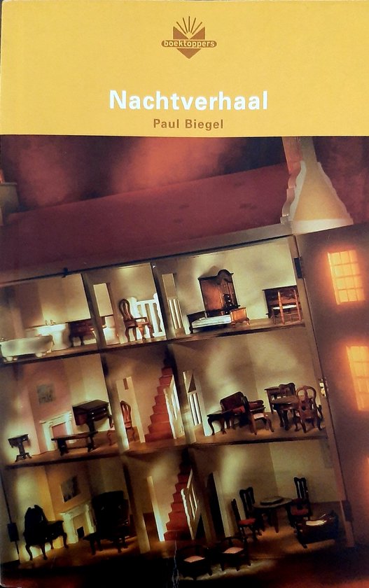 Boek 'Nachtverhaal' van Paul Biegel. Boekcover met poppenhuis, meubels, deuren en ramen.
