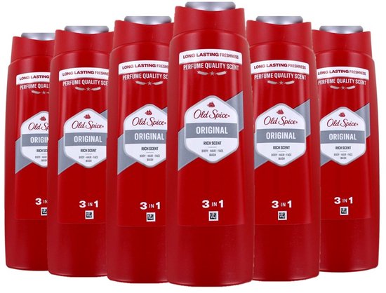Zes flessen Old Spice Original 3-in-1 douchegel met de tekst 'Rich Scent'.