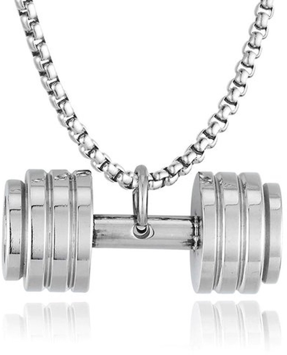 Hals ketting met dumbbell. Hanger in de vorm van een fitness halter. Goudkleurige hals ketting 60 cm met fitness hanger. Wordt in luxe verpakking geleverd.
