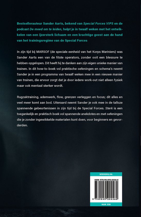 Achterkant boek 'Sterk' met tekst over Sander Aarts en de training van Special Forces.