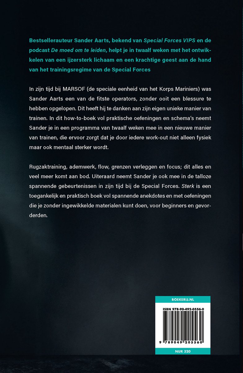 Achterkant boek 'Sterk' met tekst over Sander Aarts en de training van Special Forces.