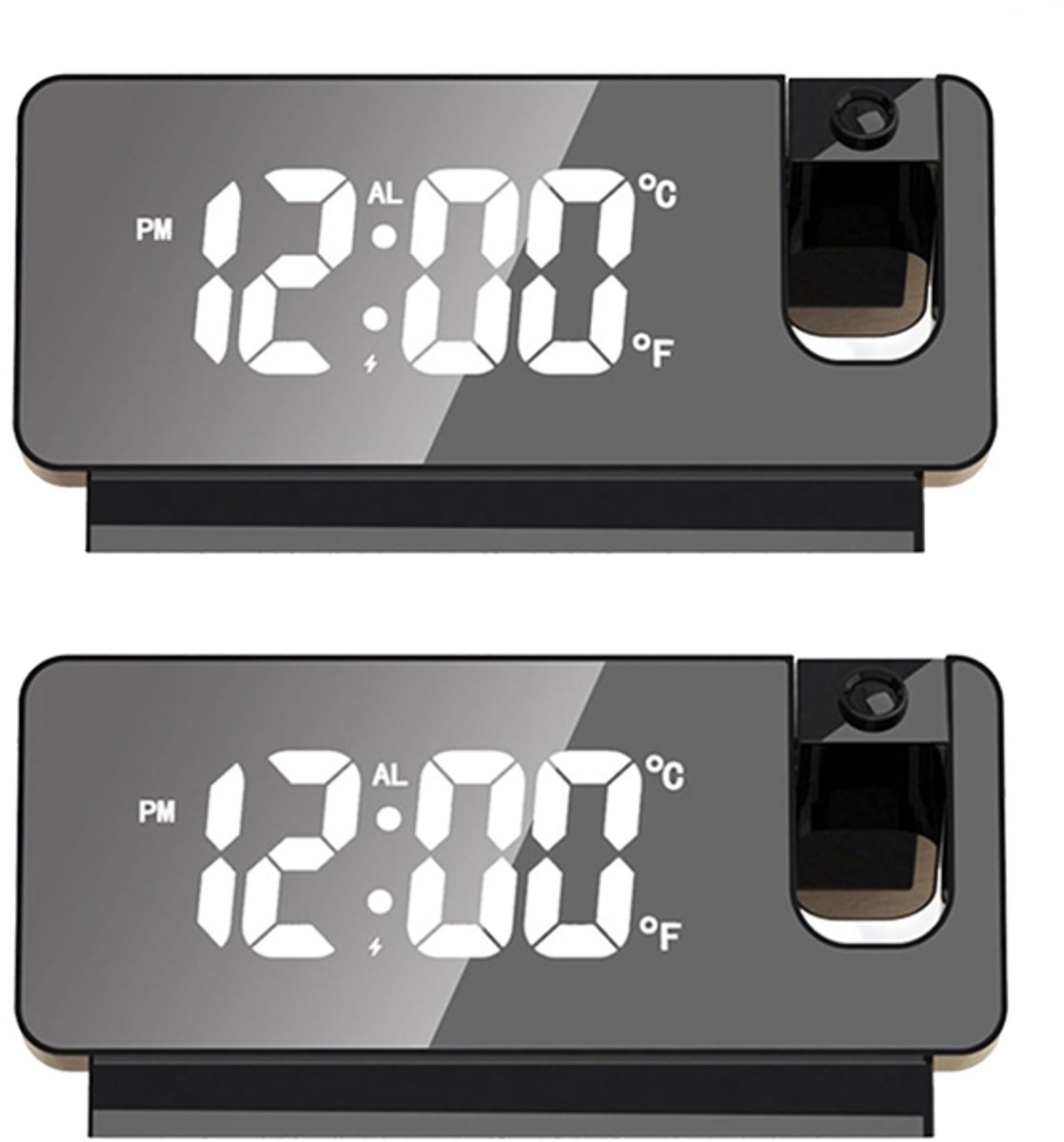 Wekker met projectie-2 stuks wekker analoog-Draagbare projectiewekker - LED digitale klok geprojecteerd op plafondmuur 180° projector USB-aangedreven nachtkastjeklok - Stille slaapklok voor thuis slaapkamers - Zwart - 16x3.5x9.2