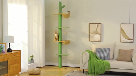 Kattenu CactusTower Deluxe - Hoge Krabpaal plafond - Verstelbaar van 229 - 275 cm - Groen - Plafond krabpaal voor katten
