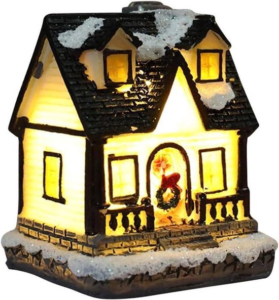 TheLau - Kerstdorp met verlichting en LED-kerstlantaarn - Amerikaanse kerstdecoratie voor bureau - Miniatuur kersthuis op batterijen met hars ornament