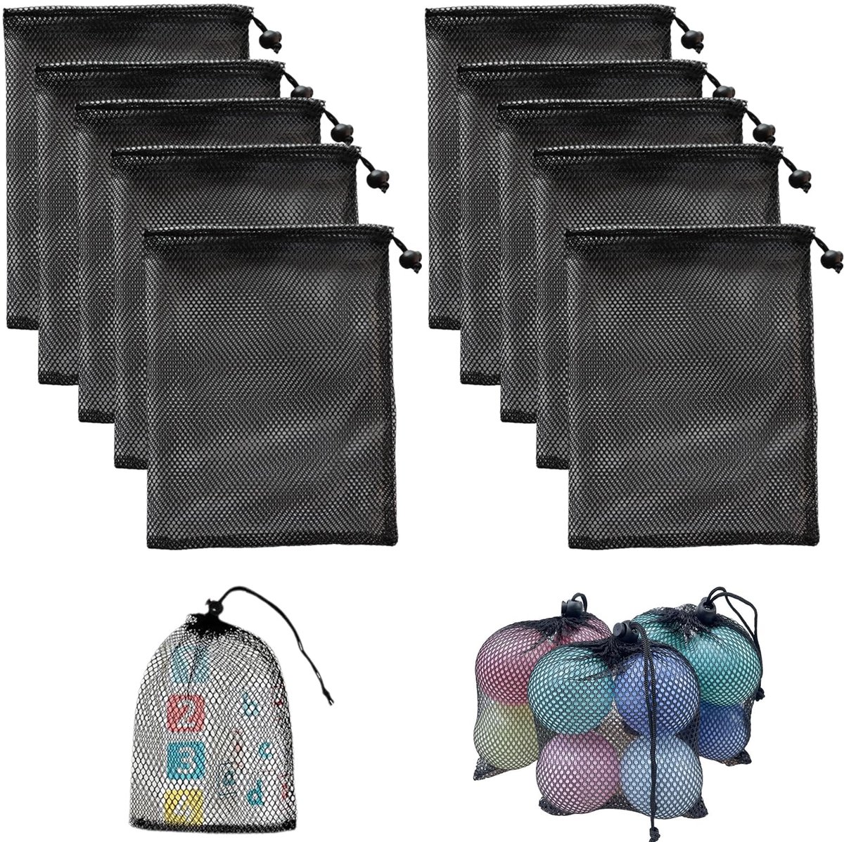 Mesh Bag Portable Storage Bags for Toys - 10 Pieces Black, Waterproof and Durable, 15x20cm